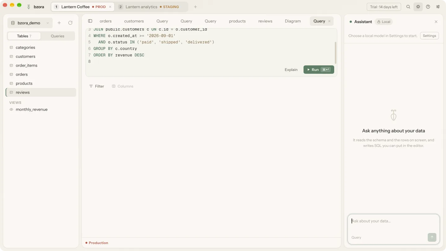 The assistant panel open beside the SQL editor