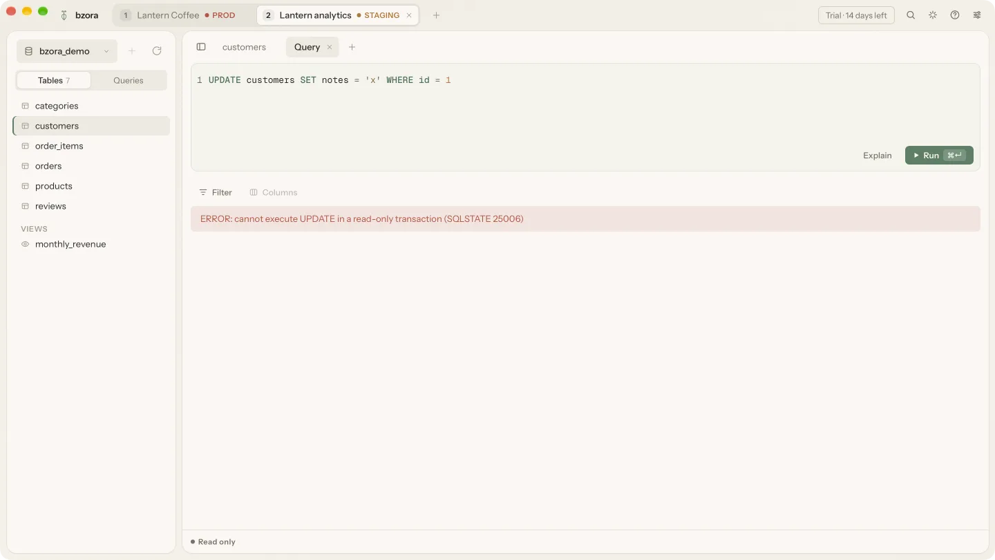 An UPDATE refused by PostgreSQL on a read-only connection