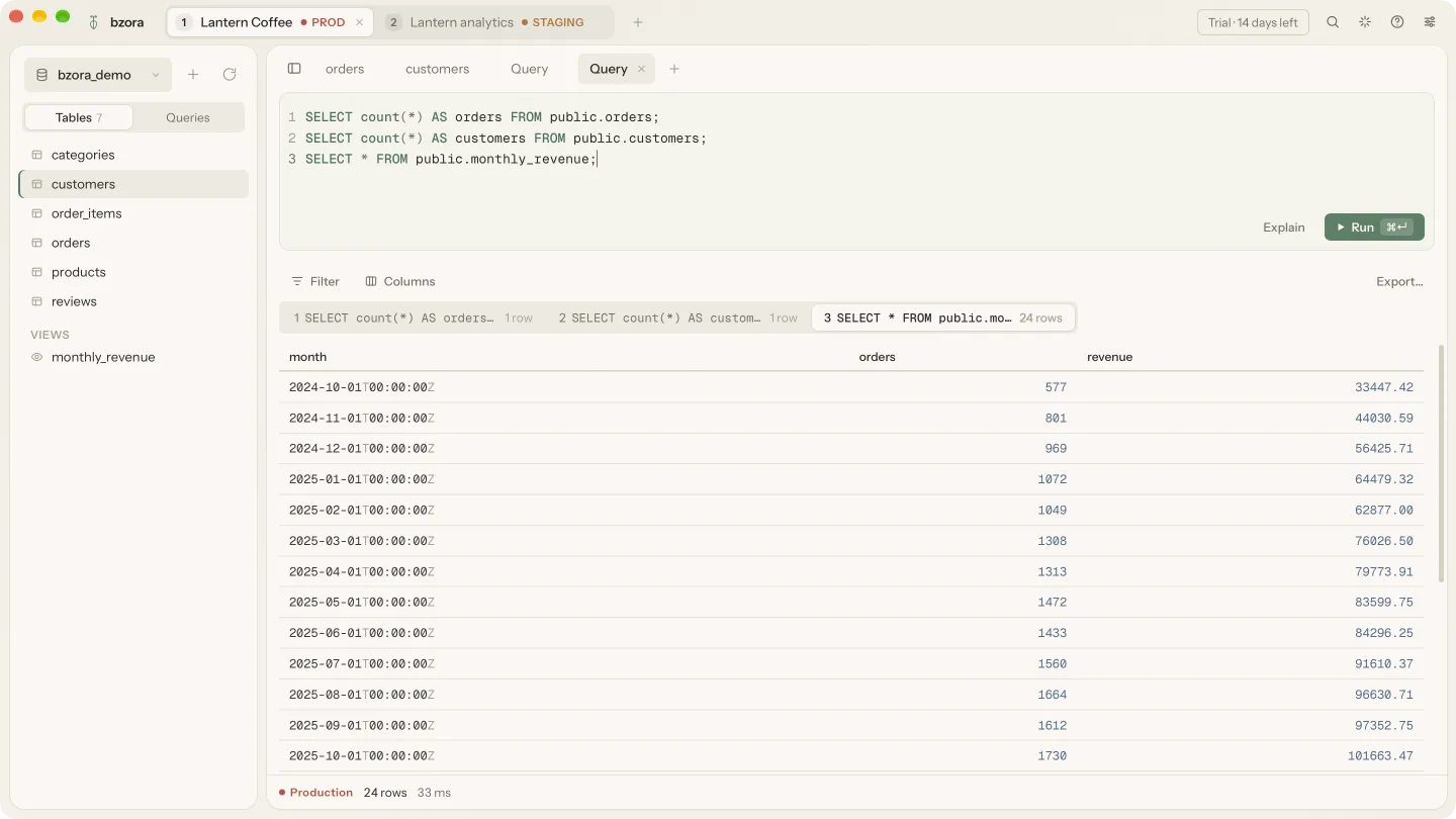A script of three statements with one result tab per statement